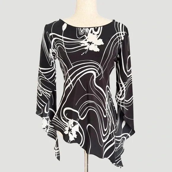 Vintage Ozone USA Black White Asymmetrical Handkerchief Blouse M Y2K Whimsigoth - Picture 1 of 13